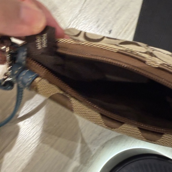 Coach Legacy Turn Lock Monogram Wristlet in Tan and Blue